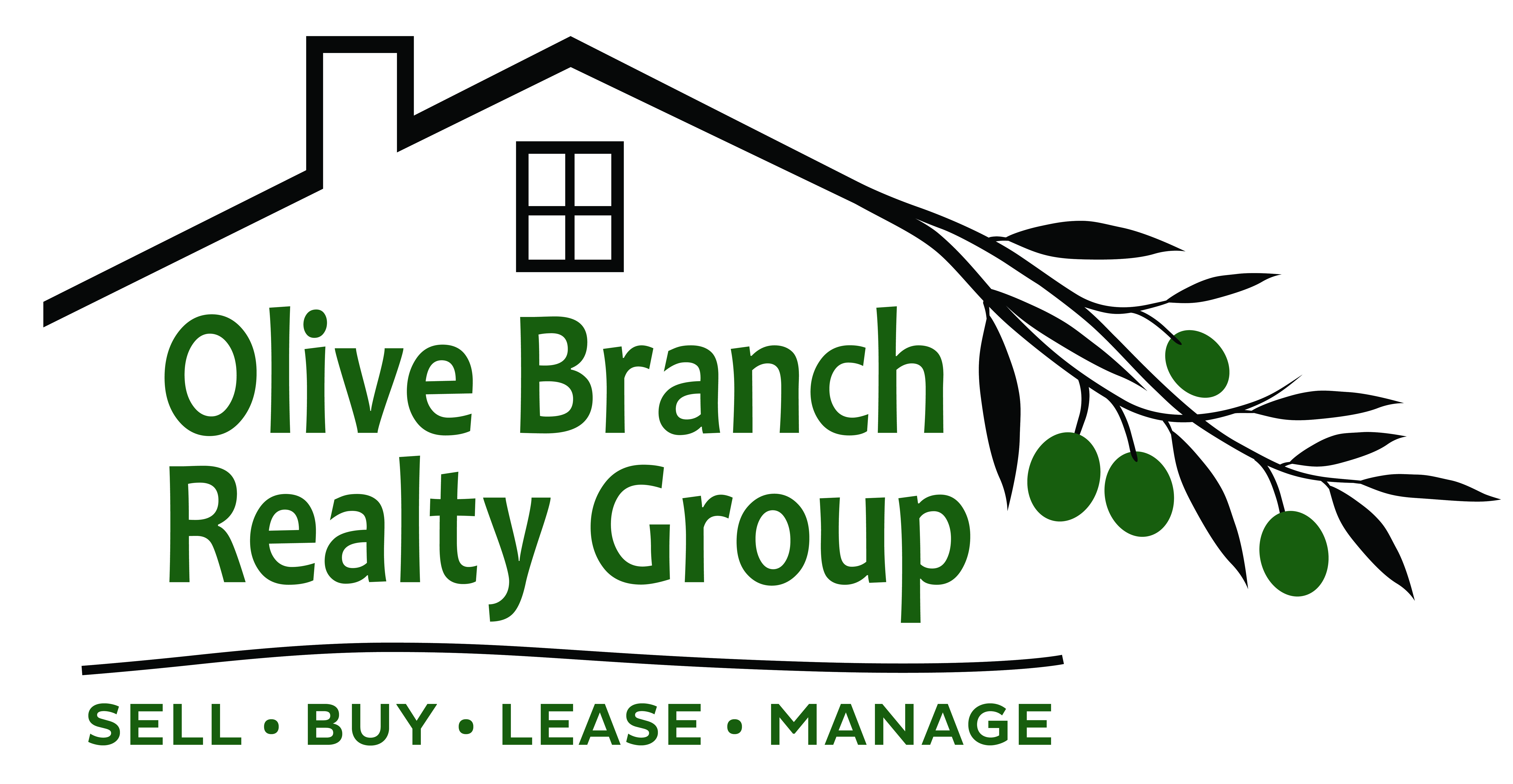 Olive branch Realty Group logo: grey house with window, green branches with olives. Selling real estate.