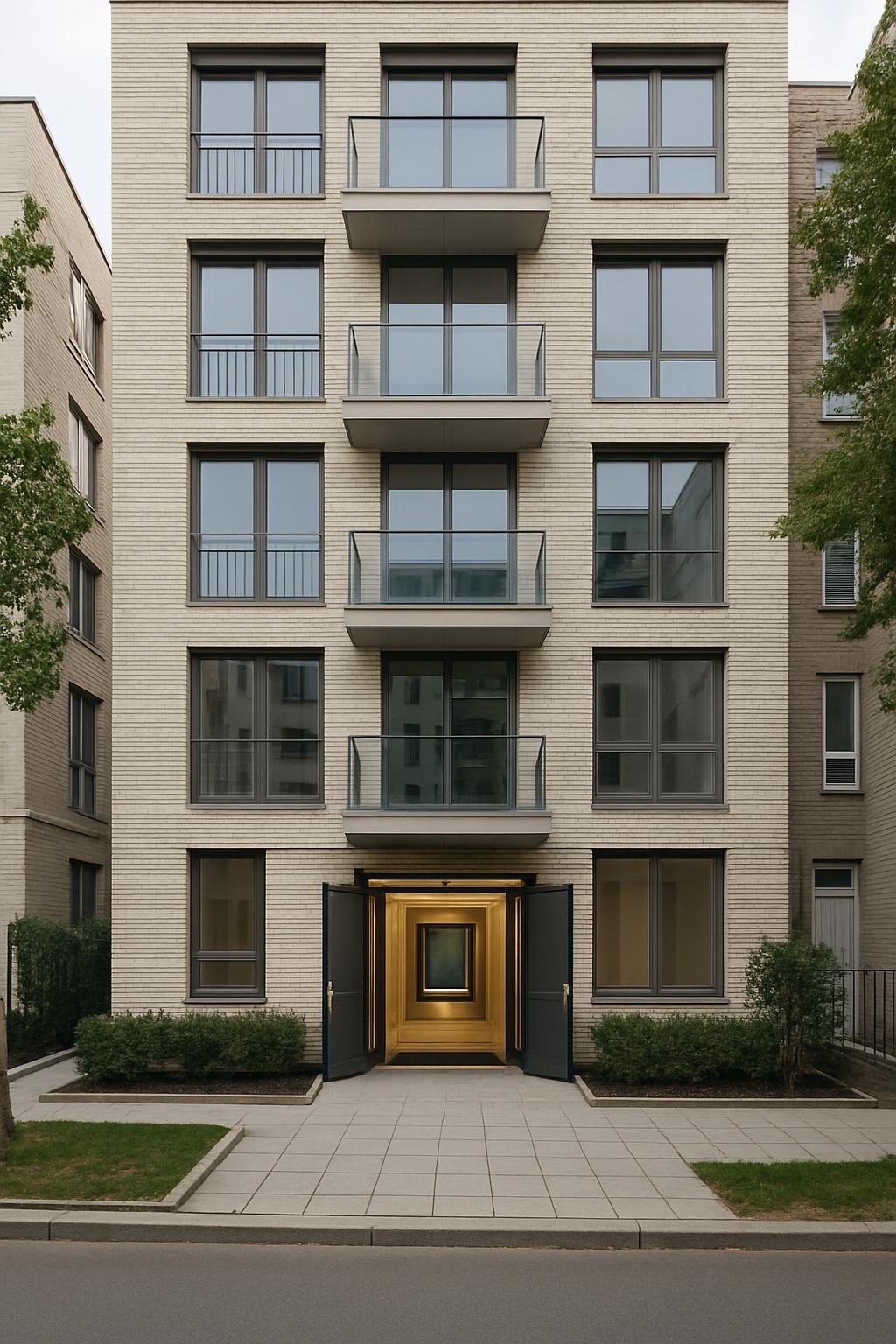 Apartment building with beige exterior and open double doors