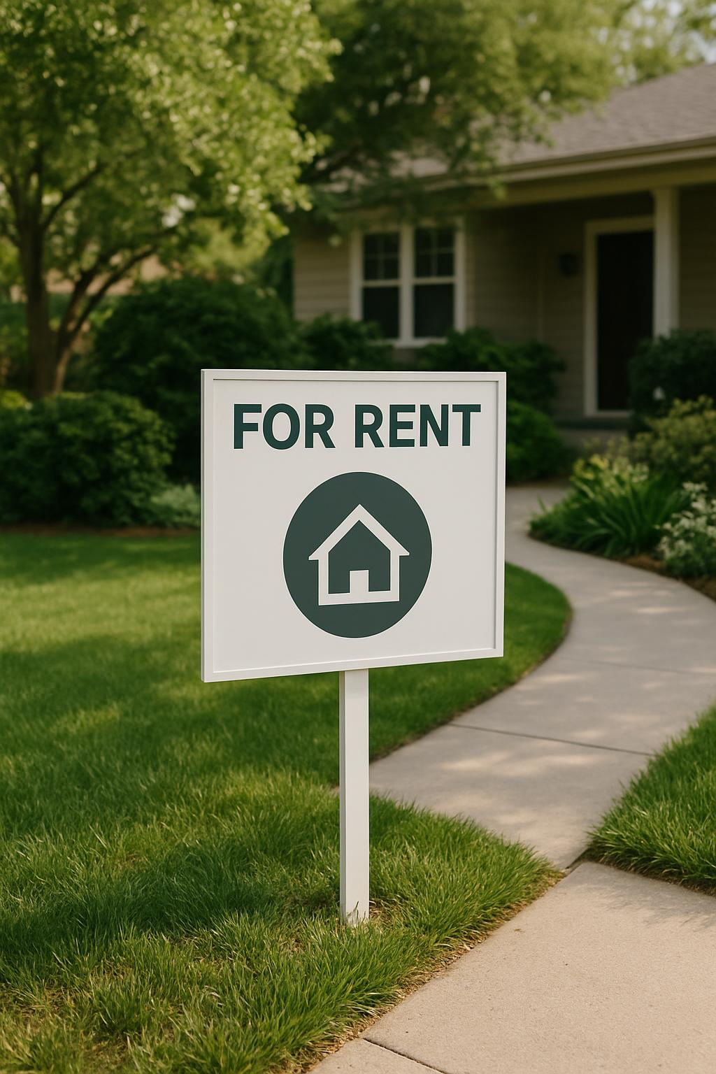 Alt Text: "A white "FOR RENT" lawn sign with a logo of a house inside a circle, situated in front of a house's lawn."