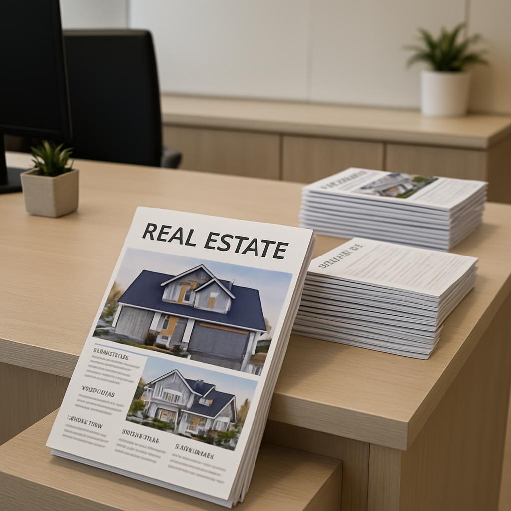 Several stacks of real estate brochures are displayed on a light-colored wooden desk.