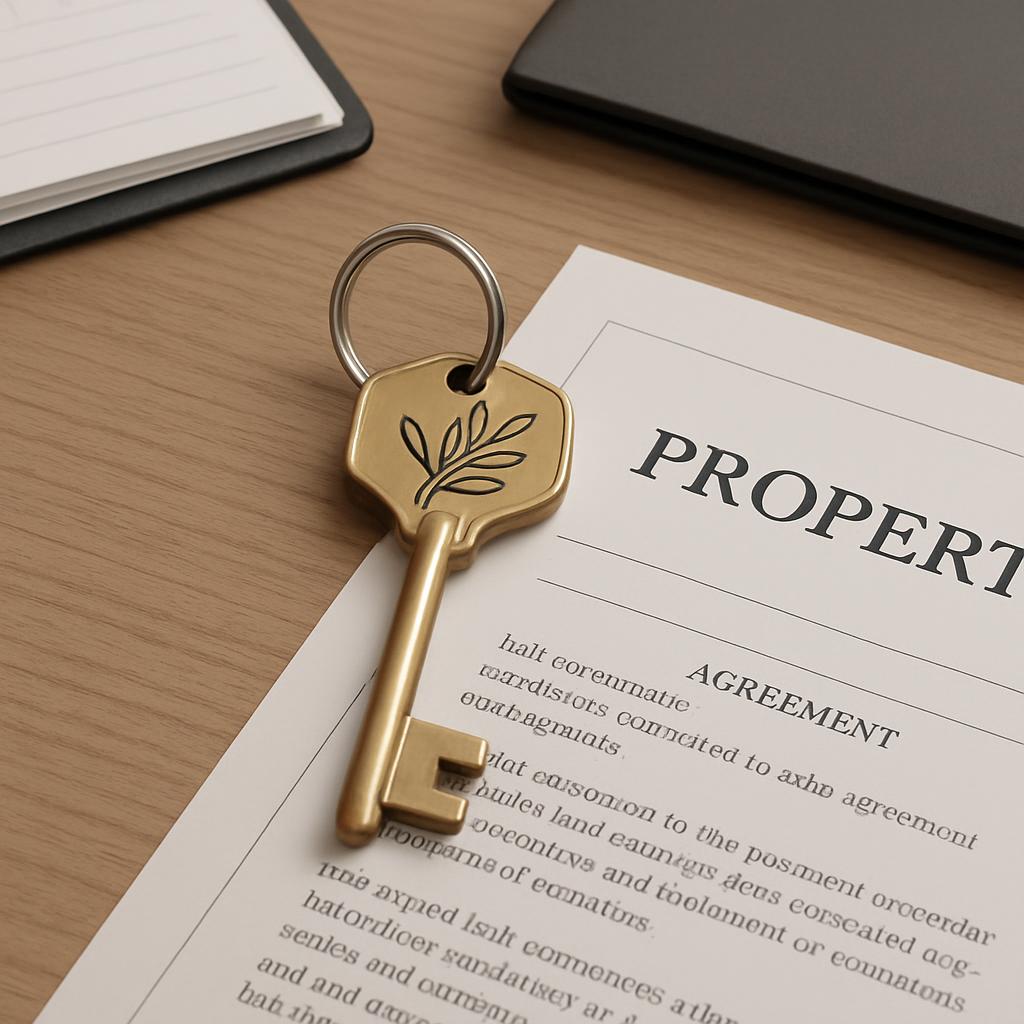 A document with the title "PROPER1 AGREEMENT" is displayed on a wooden desk, accompanied by a gold key, a notebook, and a ...