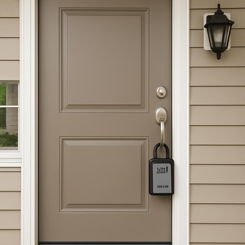A home with a beige-painted front door, featuring a silver handle and a black relock padlock on the right.