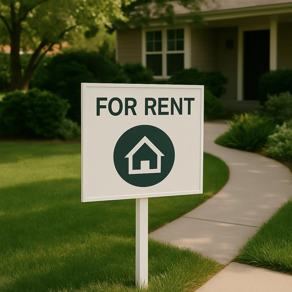A white sign with the text "FOR RENT" in green letters, featuring a green house logo